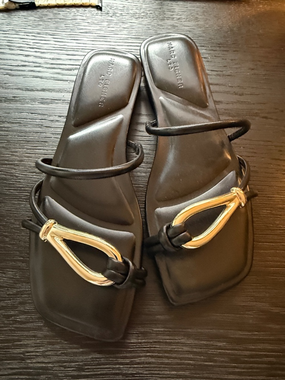 Marc Fisher Black Slide Sandals with Gold Teardrop Accent